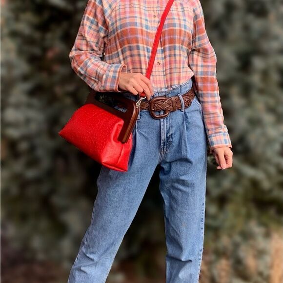 Vintage Style Handmade Genuine Embossed Leather Large Wooden Frame Bag/Crossbody - Picture 6 of 16